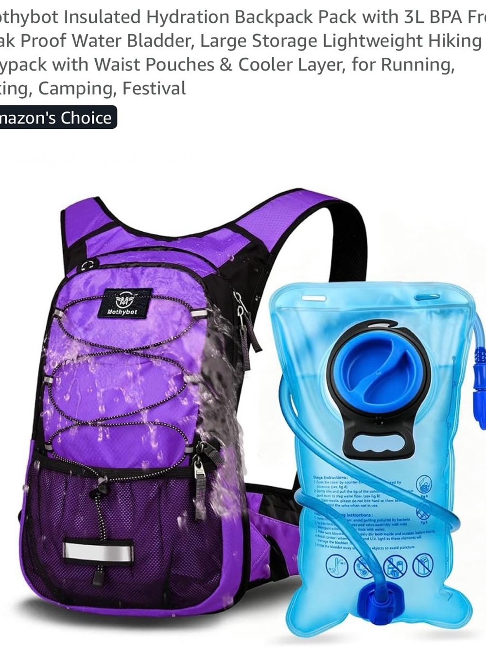 Mothybot Purple Insulated Hydration Backpack with 3L Reservoir